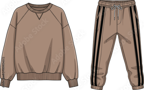 Brown sweatshirt and jogger set illustration, black side stripe design, casual fashion concept, comfy lounge wear template, sporty outfit sketch, clothing vector artwork, stylish apparel