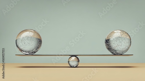 Balancing Scale with Glass Balls and Pebble on Seesaw to Represent Equilibrium Business Ethic transparent business ethic concept