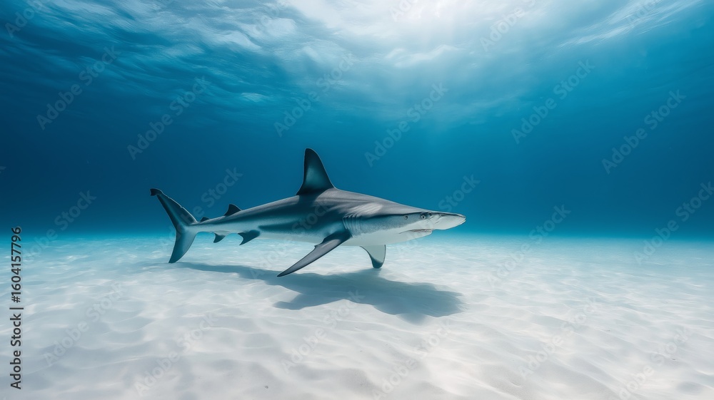 Fototapeta premium A shark swims effortlessly over a sandy ocean floor in bright blue waters, showcasing its elegance.