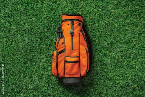 Orange golf bag on green grass