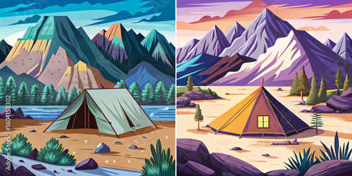 Glowing camping tent set against rugged mountain terrain , symbolizing outdoor adventure, solitude, and wilderness exploration. Ideal for travel, camping vector banner