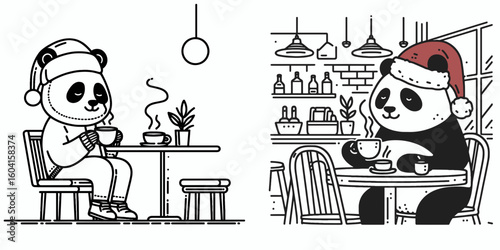 Panda with santa hat Casual Coffee Date in cafe. Retro Cartoon Clipart Line Art Stock Vector Illustration. Bear wearing holiday headwear relaxed java meet-up at coffeehouse.