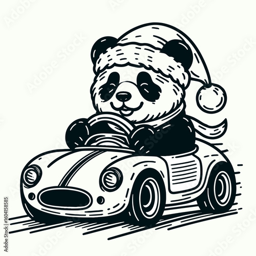 Panda with santa hat drive retro sport car. Cartoon Clipart Line Art Stock Vector Illustration. Bear holiday headwear operates classic vehicle road journey theme.