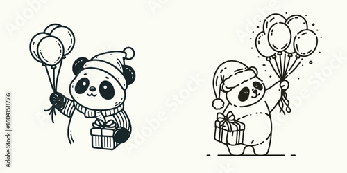 Panda with santa hat Holding balloons or releasing them together. Retro Cartoon Clipart Line Art Stock Vector Illustration. Bear holiday headwear grasping inflatables letting go in unison.