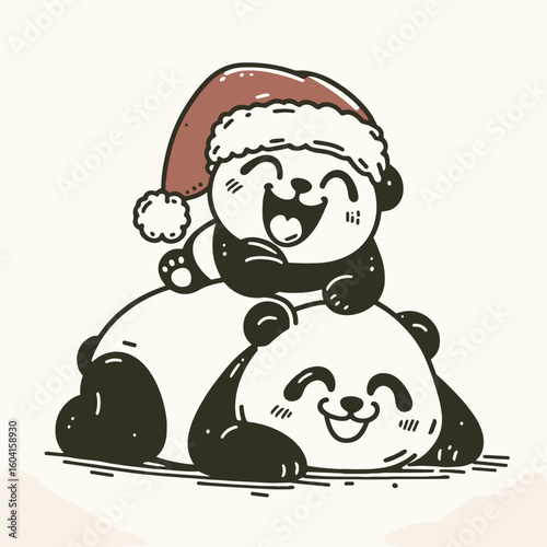 Panda with santa hat lying down on back Laughing Together. Retro Cartoon Clipart Line Art Stock Vector Illustration. Bear in holiday headwear resting flat giggling alongside.