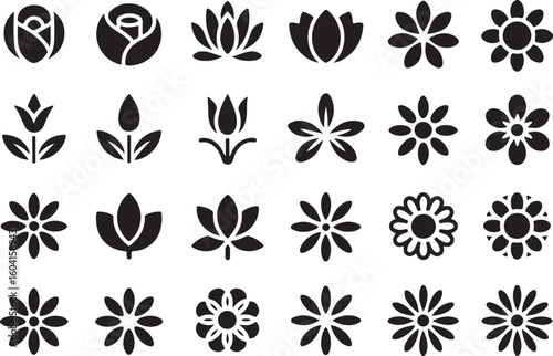 A sat of Collection of simple black and white floral silhouettes