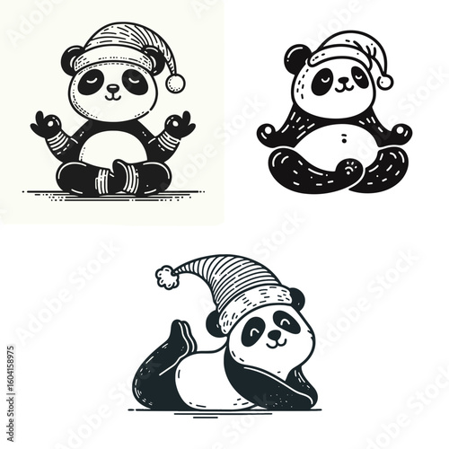 Panda with santa hat lying yoga poses. Retro Cartoon Clipart Line Art Stock Vector Illustration. Bear in holiday headwear doing calming exercise on floor.