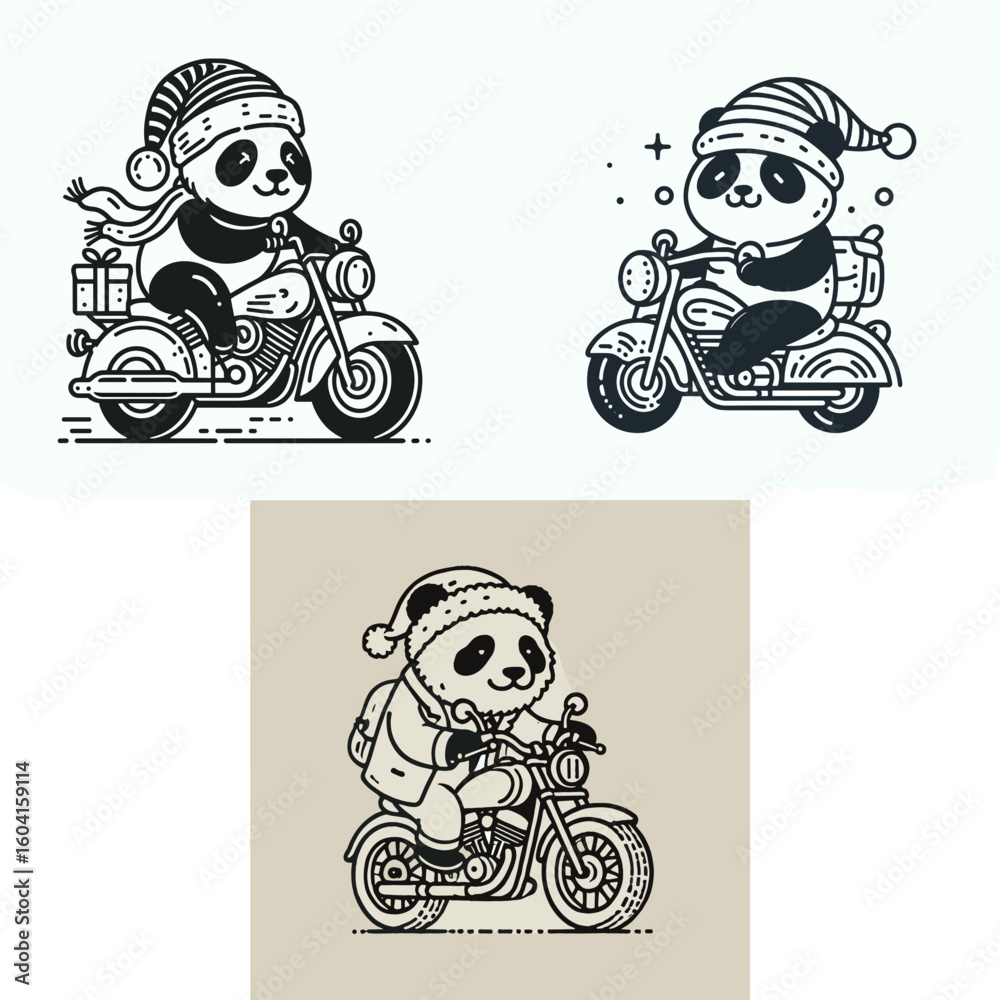 Panda with santa hat ride cruiser motorcycle. Retro Cartoon Clipart Line Art Stock Vector Illustration. Bear in holiday headwear cruises on motorbike christmas theme transport.