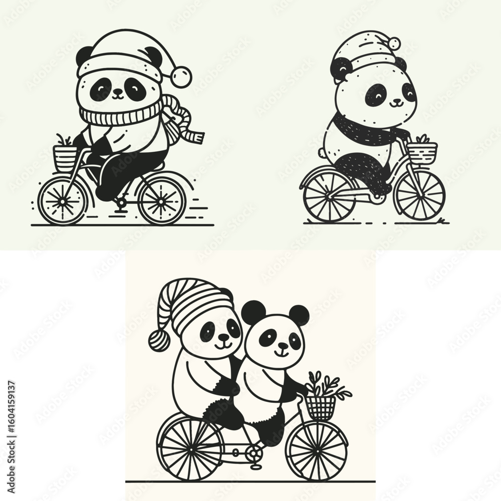 Panda with santa hat Riding a bicycle together. Retro Cartoon Clipart Line Art Stock Vector Illustration. Bear xmas cap cycling in tandem happy holiday fun.