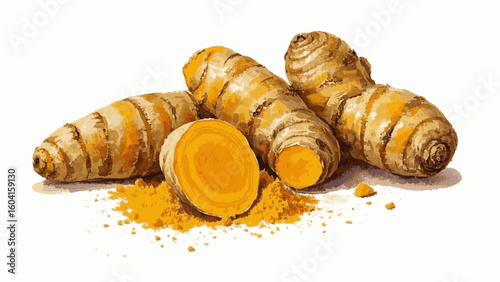Spice Spectrum: Roots & Powder Turmeric Roots and Powder isolated watercolor vector illustration svg
