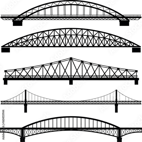 Five black silhouette bridge designs on white background architecture structure