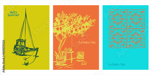 La Dolce Vita. Modern art form - three cards (posters) on the theme of summer, sea, vacation, travel in a bright color scheme in the style of urban sketching. Editable illustrations with text and orna