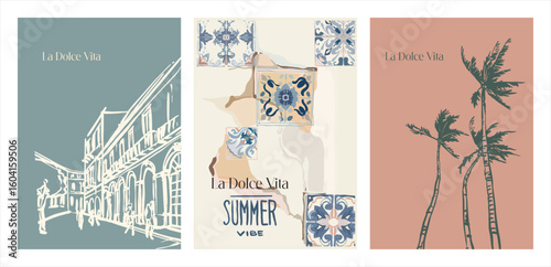 La Dolce Vita. Modern art form - three cards (posters) on the theme of summer, sea, vacation, travel in a bright color scheme in the style of urban sketching. Editable illustrations with text and orna