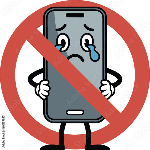 No phone sign with crying smartphone cartoon character for digital detox concept