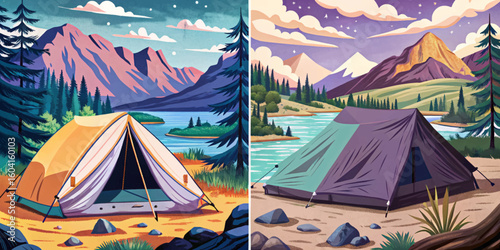 Glowing camping tent set against rugged mountain terrain , symbolizing outdoor adventure, solitude, and wilderness exploration. Ideal for travel, camping vector banner