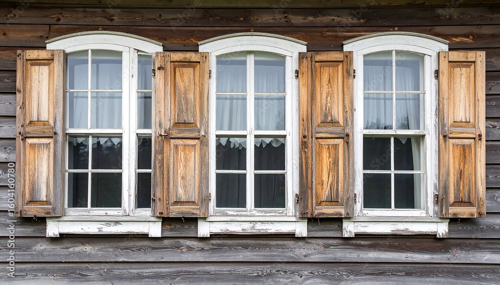 Aged wooden windows on a weathered facade Aged wooden windows on a weathered facade