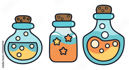 Halloween witch potion bottles with colorful magical liquid and star shapes in glass containers with cork stoppers for spooky celebration