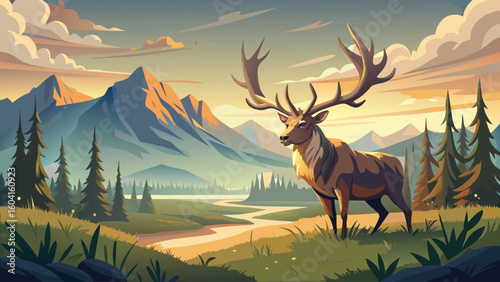A Megaloceros with massive antlers grazes calmly in a foggy open field with distant mountains and early morning mist