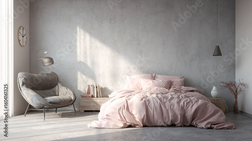 Pink duvet on bed in minimalist bedroom with concrete wall
