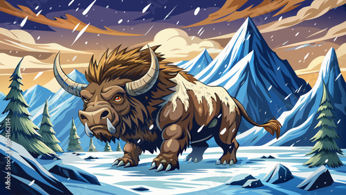 A woolly rhinoceros charges across a snowy plain with snow flurries kicking up behind its heavy frame, mountains looming far behind