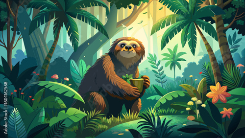 A giant ground sloth eats leaves from a jungle tree, surrounded by dense tropical vegetation and shafts of light cutting through the canopy