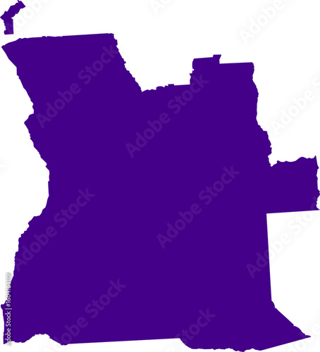 Purple silhouette map of Angola on a white background, showing clear country borders. Perfect for use in geography, education, infographics, and graphic design projects.