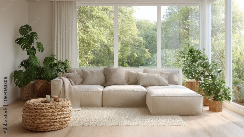 Modern living room with a beige sectional sofa and natural elements. Modern living room with a beige sectional sofa and natural elements.