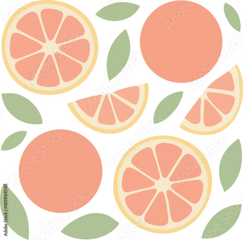 Seamless pattern with pink grapefruit slices and leaves on a white background.