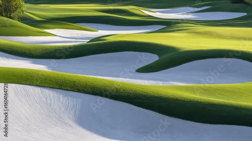 The serene golf course featuring lush greens and smooth sand traps.