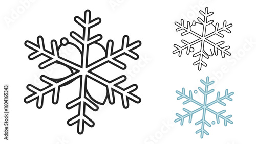 A trio of stylized snowflakes presented in outline and light blue showcasing intricate hexagonal crystalline structures for winter themes