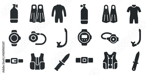 Diving and snorkeling solid icons set – silhouette, filled, underwater and ocean gear