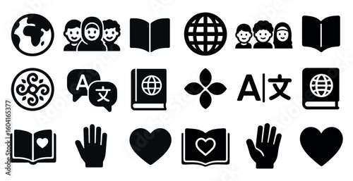 International communication icons set – solid, global, language translation symbols