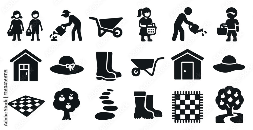 Fototapeta premium Gardening and home silhouette icons set – solid, filled, planting and outdoor symbols