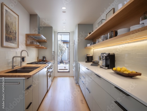 Modern kitchen with light gray cabinetry and wooden accents.