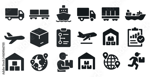 Logistics and shipping solid icons set – delivery, transportation, supply chain symbols