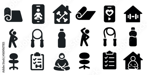Fitness and workout icons set - solid, silhouette, health and exercise symbols