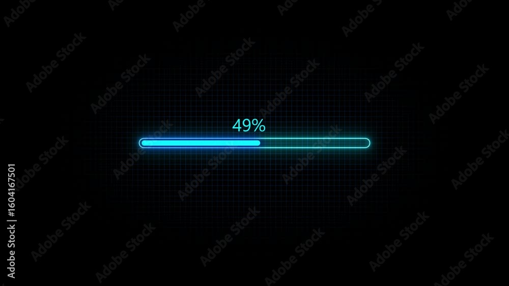 Glowing neon Status bar, process indicator from 0 to 100 increasing percentage, progress bar animation.Uploading,Download bar,update animation. grid background 4K stock video
