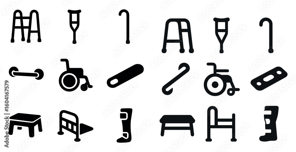 Mobility aids solid icons set – filled, silhouette, accessibility symbols Mobility aids solid icons set – filled, silhouette, accessibility symbols