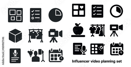 Influencer planning solid icons set – marketing, content creation, social media tools