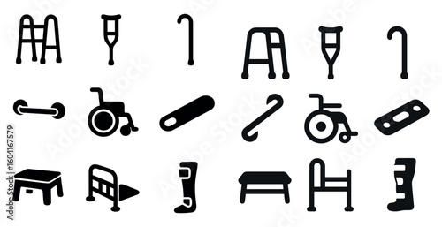 Mobility aids solid icons set – filled, silhouette, accessibility symbols