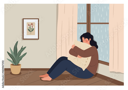 A woman sits by a window, hugging a pillow, watching rain fall outside.