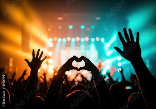 Energetic crowd at a concert with hands raised and heart shape