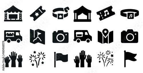 Event and festival silhouette icons set – bold, graphic, celebration and venue symbols