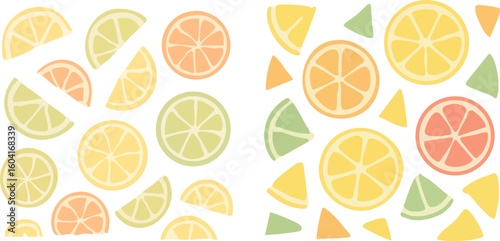 Set of two seamless patterns with colorful citrus fruit slices on a white background.