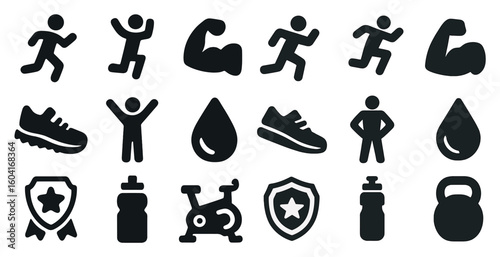 Fitness and exercise solid icons set – silhouette, filled, workout symbols