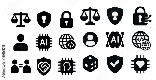 Security and technology solid icons set – shield, lock, ai and privacy symbols