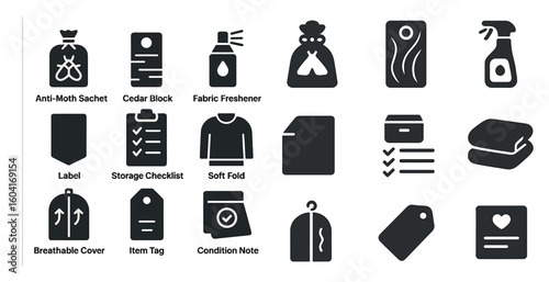 Laundry care solid icons set – silhouette, filled, clothing maintenance essentials