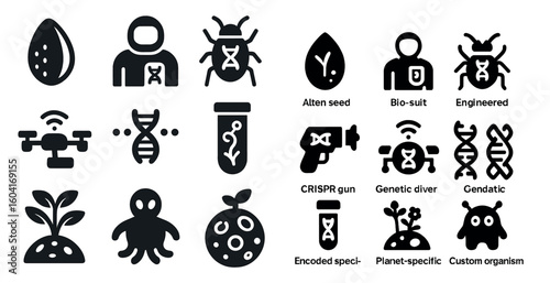 Genetic engineering solid icons set – biotechnology, genetic modification symbols