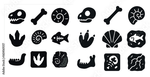 Dinosaur fossil silhouette icons set – prehistoric, paleontology, bone symbols