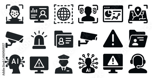 Security and surveillance icons set – solid, filled, monitoring and protection graphics